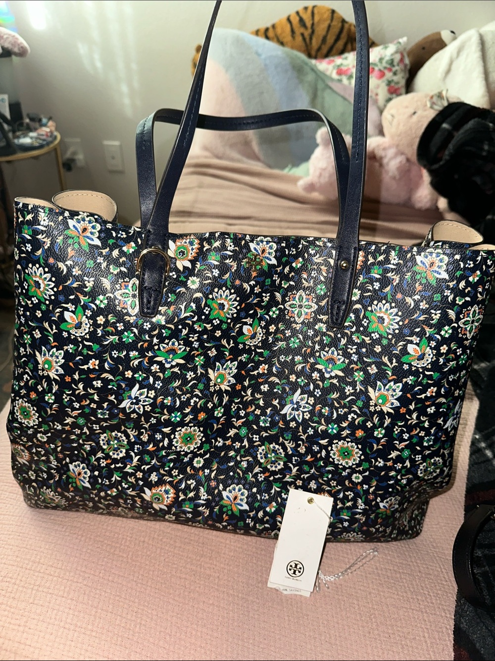 Tory Burch Floral Navy, Green, White Tote